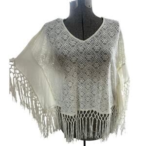 Boho Cream Crochet Lace Top S/M Festival Coverup Fringe Gypsy Fairycore Rodeo